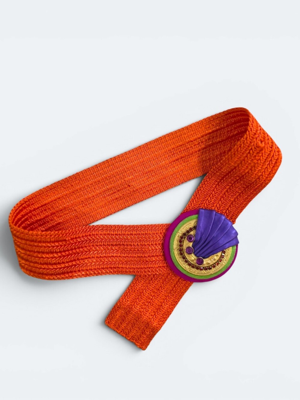 Vintage 80s I.B. Diffusion Linda Waldorf Stretch Belt Jeweled Orange Statement